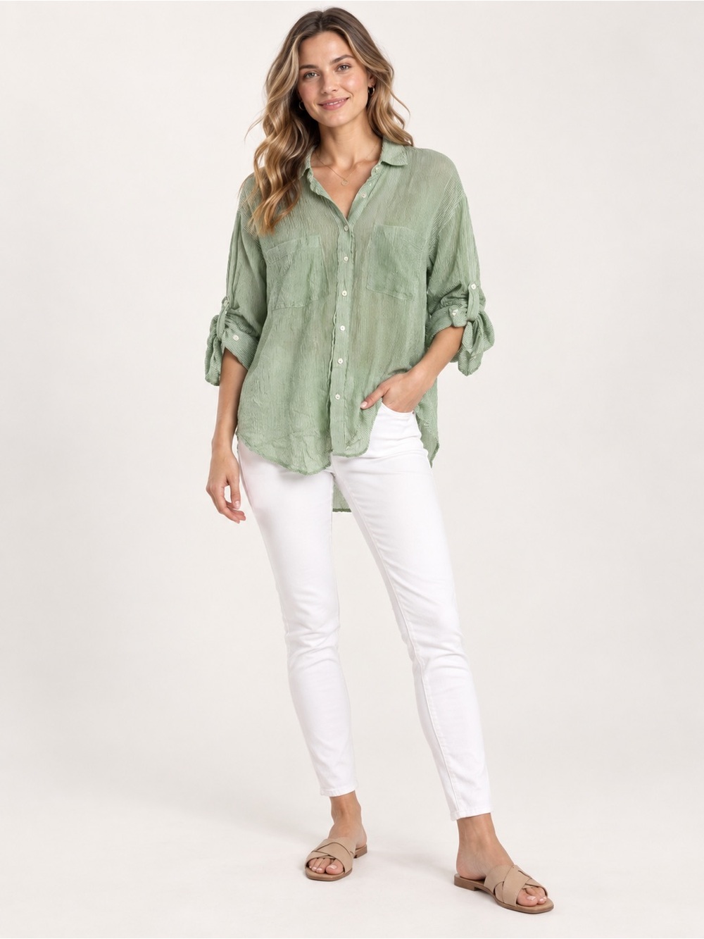 Michael Kors Womenβs XL Green White Striped Crinkle Button-Down Shirt
